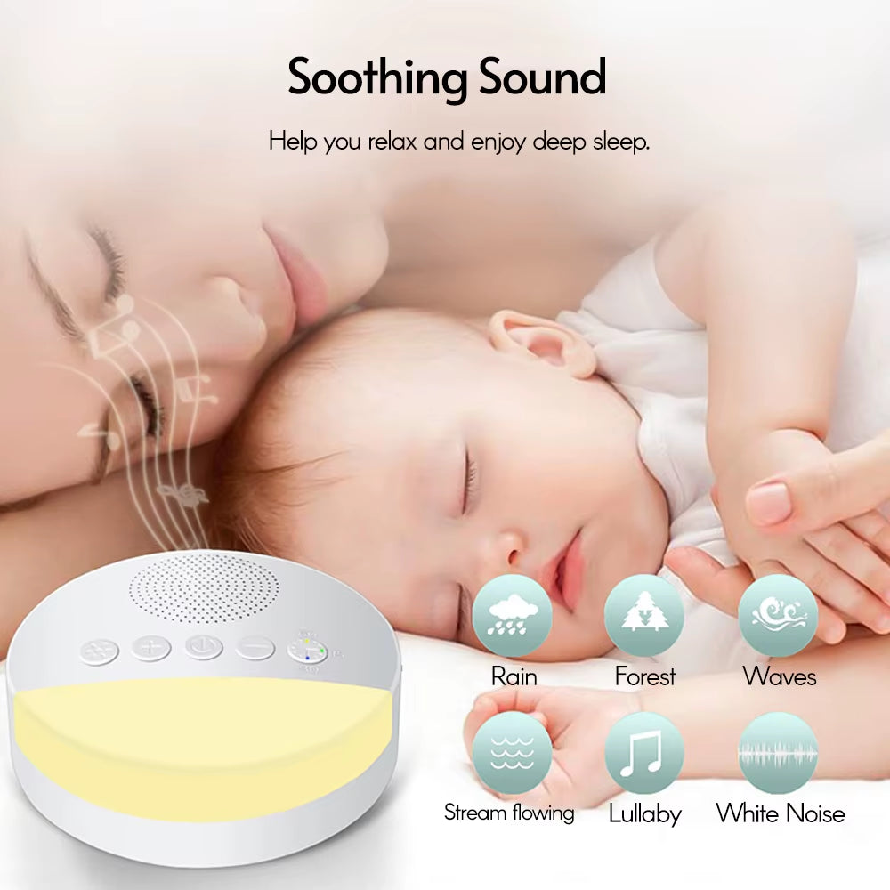 Hushling white noise machine held in a hand to show its compact size