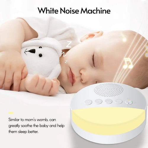 Hushling baby white noise machine by Sleepy Lark, shown with its soft night light on