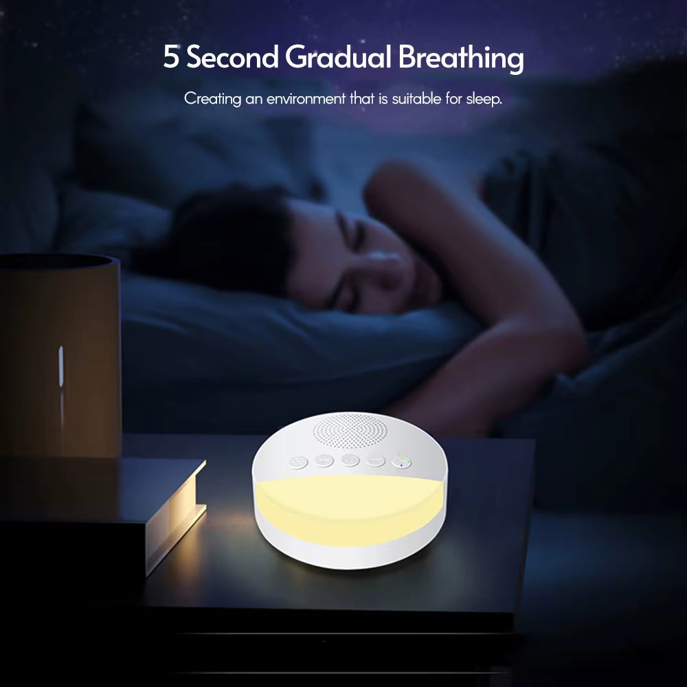 Hushling baby sound machine and night light on a nightstand