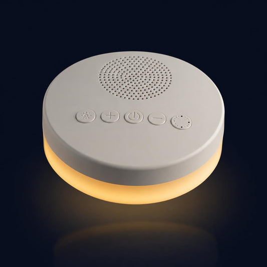Hushling baby white noise machine and night light, its warm amber band glowing